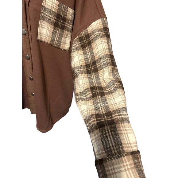 Papermoon Shacket Women’s Size Large Brown Plaid Sleeves & Pockets Mix Media NWT - Picture 3 of 8